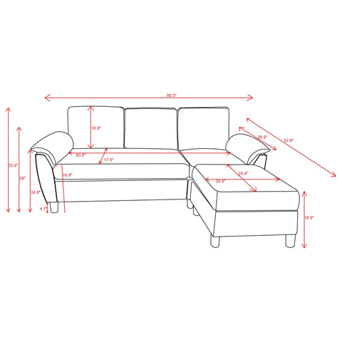 79'' Convertible L-Shaped Sectional Sofa with Ottoman – Linen Fabric Couch with Removable Pillows, Beige