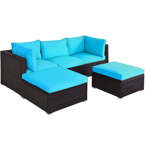 5PCS Cushioned Rattan Patio Conversation Set Outdoor Furniture Set with Ottoman