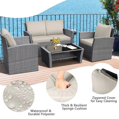 4PCS Patio Rattan Conversation Set Outdoor Furniture Set With Khaki Cushions
