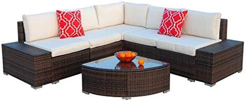 6Pcs Patio Furniture Set PE Brown Rattan Wicker Sectional Outdoor Sofa Set outside Couch W/Washable Seat Cushions & Modern Glass Wedge Table for Patio, Backyard, Pool-Beige
