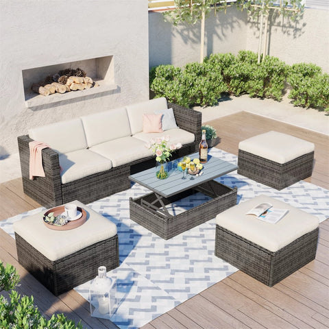 5-Piece Patio Furniture Set – All-Weather Outdoor Conversation Set with Adjustable Backrest & Lift Top Coffee Table, PE Rattan Wicker Sectional Sofa, Beige