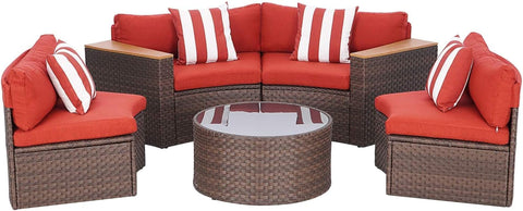 5-Piece Patio Sectional Furniture Set – Half-Moon Brown Wicker Curved Outdoor Sofa with Red Cushions, Round Glass Coffee Table & Pillow, Outdoor Patio Set