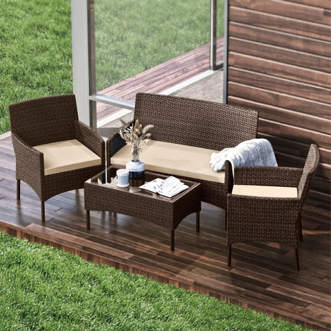 Outdoor Furniture Set, 4 Piece Wicker Patio Chairs Set, Brown with Beige Cushions