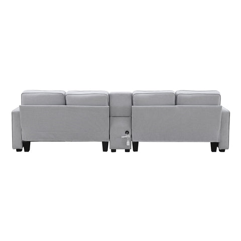 4 Seater Sofa with USB Ports Upholstered Couch with Storage Coffee Table and Cup Holders for Living Room,114.2" Light Gray
