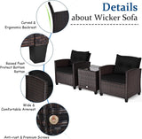 3 Pieces Patio Furniture Set, PE Rattan Wicker 3 Pcs Outdoor Sofa Set W/Washable Cushion and Tempered Glass Tabletop, Conversation Furniture for Garden Poolside Balcony (Black)