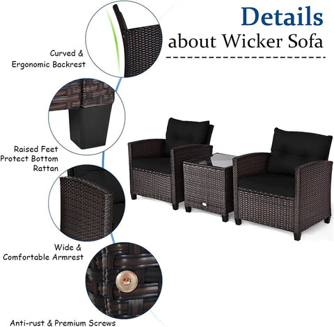 3 Pieces Patio Furniture Set, PE Rattan Wicker 3 Pcs Outdoor Sofa Set W/Washable Cushion and Tempered Glass Tabletop, Conversation Furniture for Garden Poolside Balcony (Black)