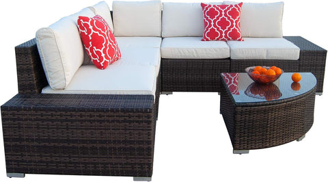 6Pcs Patio Furniture Set PE Brown Rattan Wicker Sectional Outdoor Sofa Set outside Couch W/Washable Seat Cushions & Modern Glass Wedge Table for Patio, Backyard, Pool-Beige