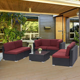 7 Pcs Outdoor Patio Sectional Set Black Rattan Wicker Furniture Sofa Set Conversation Chairs Thick Cushions with Pillows and Tea Table