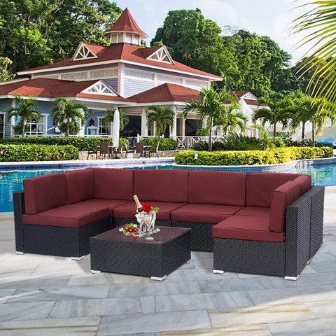 7 Pcs Outdoor Patio Sectional Set Black Rattan Wicker Furniture Sofa Set Conversation Chairs Thick Cushions with Pillows and Tea Table
