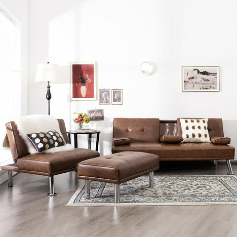3 Pieces Convertible Sectional Sofa Set, 3 Seat Sofa and Couch with Cup Holders and Ottoman, Tufted PU Leather Chaise Modern Reversible Living Room Furniture for Apartment Office (Brown)