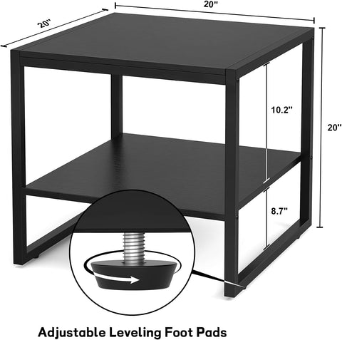 End Table, 20 Inch Square End Table, Mini Fridge Stand with 2-Tier Storage Shelves, Industrial Wood Side Tables for Living Room, Black
