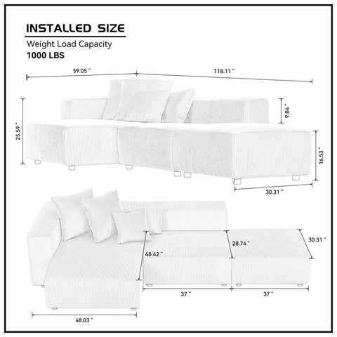 3 Pieces Set Corduroy Sectional Modular Sofa with 6 Throw Pillows, Soft L-Shaped Chaise Couch Furniture for Living Room Apartment Office, Beige