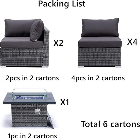 Extra Large 118'' L Sectional Sofa Set – 7-Piece Patio Furniture with Fire Pit Table, Grey Rattan Wicker Outdoor Conversation Set with Cushions