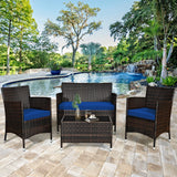 8PCS Patio Rattan Conversation Furniture Set Outdoor W/ Navy Cushion