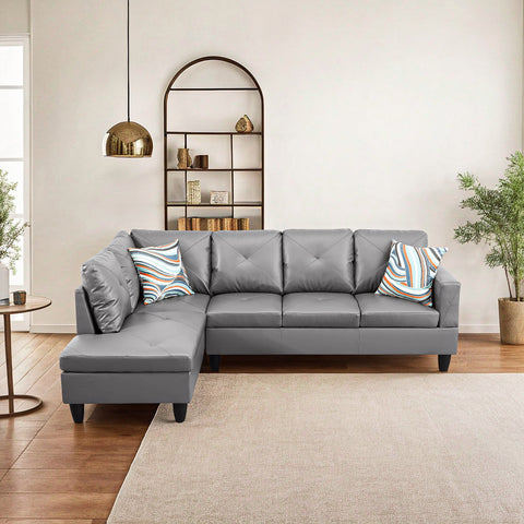 Modern L-Shaped Faux Leather Sectional Sofa – 4-Seat Dark Grey Couch with 16" Back Height for Living Room (No Ottoman)