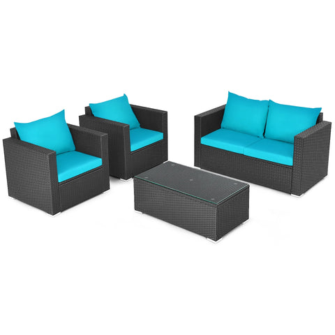 4PCS Patio Rattan Cushioned Sofa Chair Coffee Table Turquoise