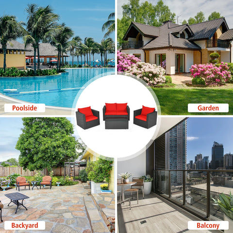 4PCS Patio Rattan Furniture Set Cushioned Sofa Chair Coffee Table Garden Red