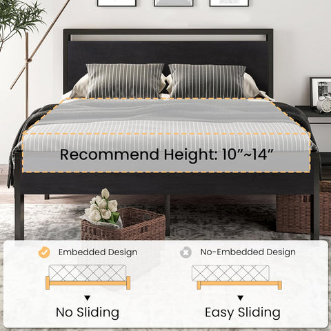 14 Inch Full Size Metal Platform Bed Frame with Wooden Headboard and Footboard, Mattress Foundation, No Box Spring Needed, Large under Bed Storage, Non-Slip without Noise, Black Oak
