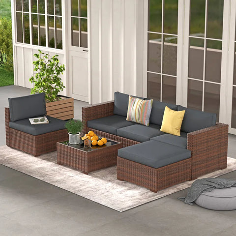 Eudy 6 Piece Rattan Sectional Seating Group with Cushions