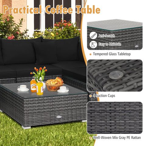 7PCS Patio Rattan Sectional Sofa Set Outdoor Furniture Set W/ Black Cushions