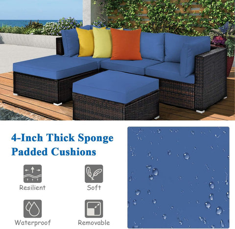 5 Piece Patio Furniture Set, Outdoor Sectional Rattan Sofa Set with Cushions and Coffee Table, Suitable for Backyard Porch Garden Poolside and Deck, Wicker Conversation Set (Navy Blue)