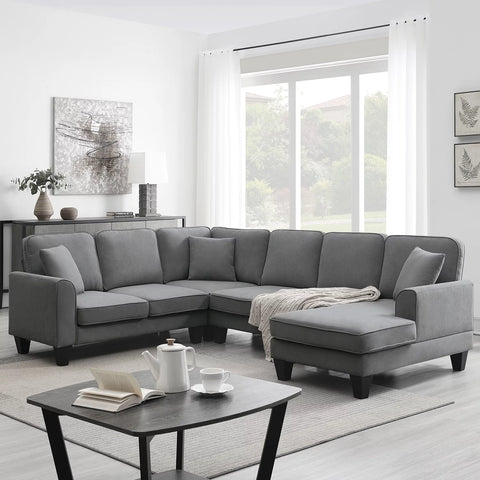 Convertible U-Shaped Modular Sectional Sofa – 7-Seat Fabric Sleeper Couch with Chaise & Recliner, Dark Gray
