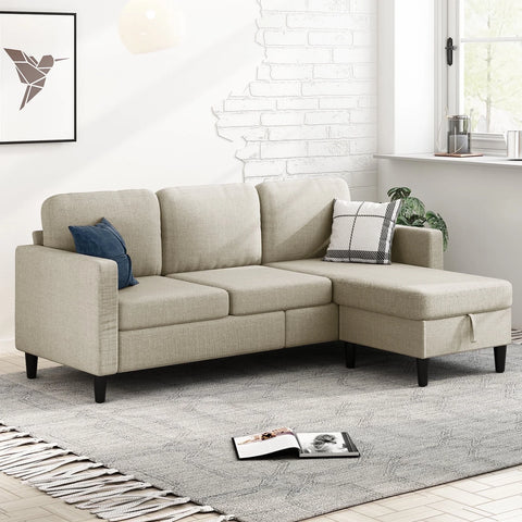 Small Space Sectional Sofa – L-Shaped with Storage Ottoman & Movable Modules, Beige Linen Living Room Couch