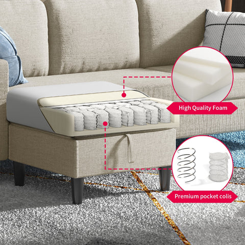 Small Space Sectional Sofa – L-Shaped with Storage Ottoman & Movable Modules, Beige Linen Living Room Couch
