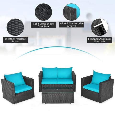 4PCS Patio Rattan Cushioned Sofa Chair Coffee Table Turquoise