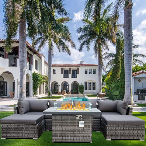 Patio Furniture 7PCS Outdoor Sectional and Fire Pit PE Rattan Patio Sectional Sofa Set with Cushions Outdoor Fire Pit Sectional Outdoor Conversation Set with Propane Fire Pit and Wind Guard (A-Grey )