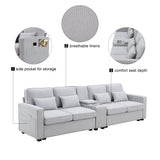 4 Seater Sofa with USB Ports Upholstered Couch with Storage Coffee Table and Cup Holders for Living Room,114.2" Light Gray