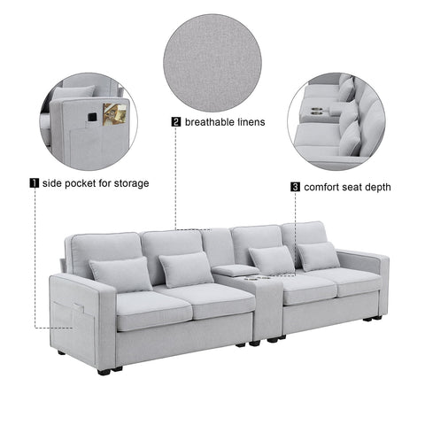 4 Seater Sofa with USB Ports Upholstered Couch with Storage Coffee Table and Cup Holders for Living Room,114.2" Light Gray