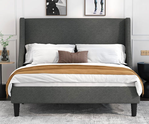 Platform Bed Frame Full Size with Upholstered Headboard – Modern Deluxe Wingback Design, Wood Slat Support, Dark Grey