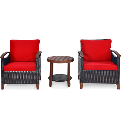 3PCS Patio Wicker Rattan Conversation Set Outdoor Furniture Set W/ Red Cushion