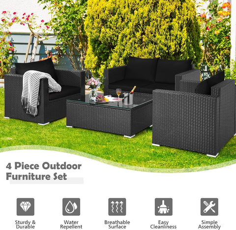 4-Piece Patio Rattan Conversation Set – Outdoor Wicker Sofa Set with Padded Cushions & Tempered Glass Coffee Table, Wicker Sectional Sofas for Courtyard, Balcony, Black