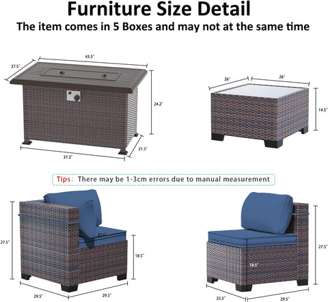 8-Piece Outdoor Patio Furniture Set with Gas Fire Pit Table – Sectional Sofa & 43'' Propane Fire Pit, PE Wicker Rattan Conversation Set, Dark Blue