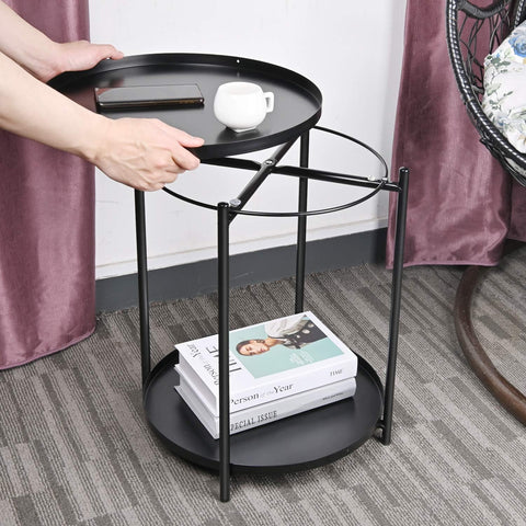 Side Table, End Table Metal Small Table Indoor Outdoor & Snack Bedside Table Sofa Side Snack Table Accent Coffee Table Living Room Bedroom Balcony 2 Layer (Black)