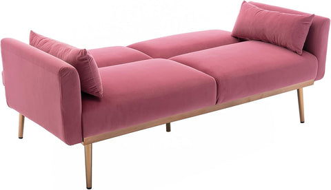 Velvet Futon Bed Couch, Velvet Upholstered Mid Century Sofa Sleeper for Living Room, Sectional Sofa Set Including Metal Legs and Cozy Upholstery Sofa Bed (Pink II)