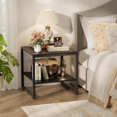End Table, 20 Inch Square End Table, Mini Fridge Stand with 2-Tier Storage Shelves, Industrial Wood Side Tables for Living Room, Black
