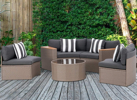 5-Piece Patio Sectional Furniture Set – Half-Moon Brown Wicker Curved Outdoor Sofa with Grey Cushions & Glass Coffee Table, Grey
