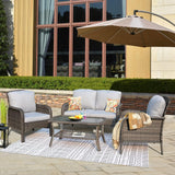 4-Piece Outdoor Wicker Patio Furniture Set – High Back Loveseat with Cushions, Coffee Table & Armchairs, Grey Rattan & Cushions