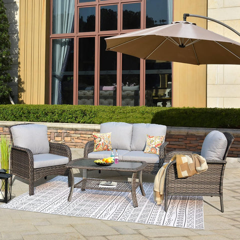 4-Piece Outdoor Wicker Patio Furniture Set – High Back Loveseat with Cushions, Coffee Table & Armchairs, Grey Rattan & Cushions