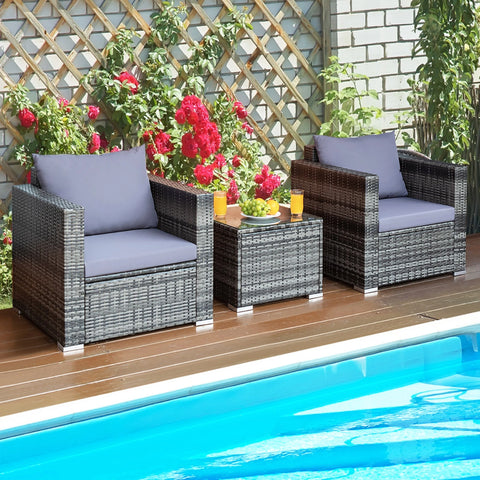 3PCS Rattan Patio Conversation Set Outdoor Furniture Set W/ Table Cushion