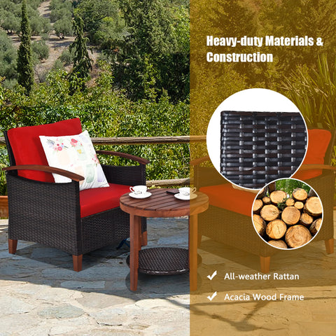 3PCS Patio Wicker Rattan Conversation Set Outdoor Furniture Set W/ Red Cushion