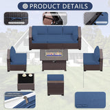 8-Piece Outdoor Patio Furniture Set with Gas Fire Pit Table – Sectional Sofa & 43'' Propane Fire Pit, PE Wicker Rattan Conversation Set, Dark Blue