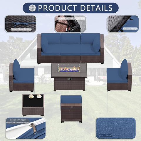 8-Piece Outdoor Patio Furniture Set with Gas Fire Pit Table – Sectional Sofa & 43'' Propane Fire Pit, PE Wicker Rattan Conversation Set, Dark Blue