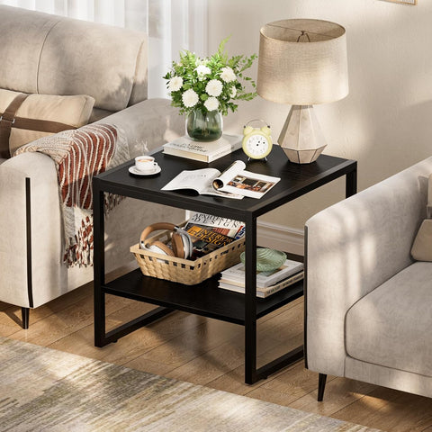 End Table, 20 Inch Square End Table, Mini Fridge Stand with 2-Tier Storage Shelves, Industrial Wood Side Tables for Living Room, Black