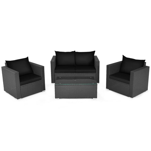 4PCS Rattan Patio Conversation Set Outdoor Furniture Set W/ Black Cushions