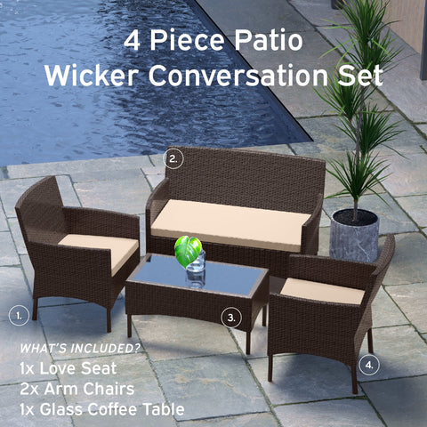 Outdoor Furniture Set, 4 Piece Wicker Patio Chairs Set, Brown with Beige Cushions