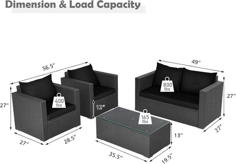4-Piece Patio Rattan Conversation Set – Outdoor Wicker Sofa Set with Padded Cushions & Tempered Glass Coffee Table, Wicker Sectional Sofas for Courtyard, Balcony, Black